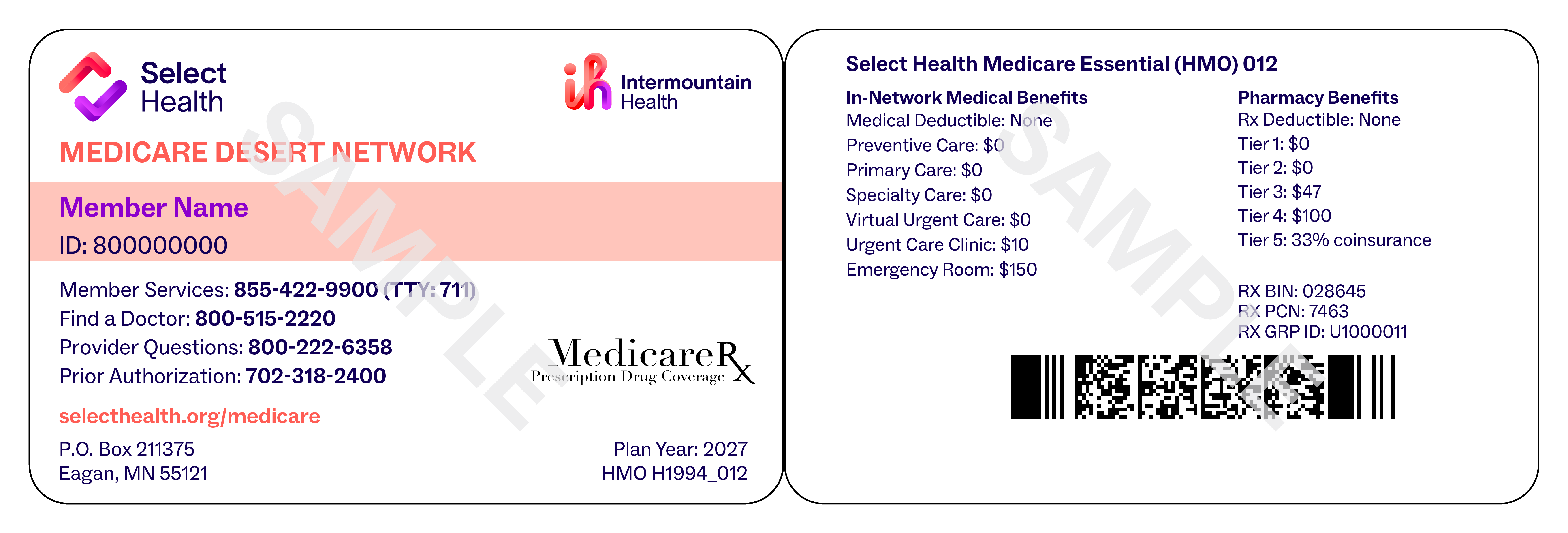 Digital image of a Select Health Medicare insurance identification card shown front and back. The front side displays the plan name MEDICARE DESERT NETWORK, a placeholder Member Name, and ID number 800000000. It lists contact numbers for member services, doctor search, provider questions, and prior authorization, along with a MedicareRx mark and plan year 2027. The back side details Select Health Medicare Essential (HMO) 012 benefits, including copays for primary care, specialist visits, urgent care, virtual visits, and emergency room, plus pharmacy tiers and a QR code. The card also shows addresses in Eagan, MN 55121 and Murray, UT 84123, and includes sample indicators.