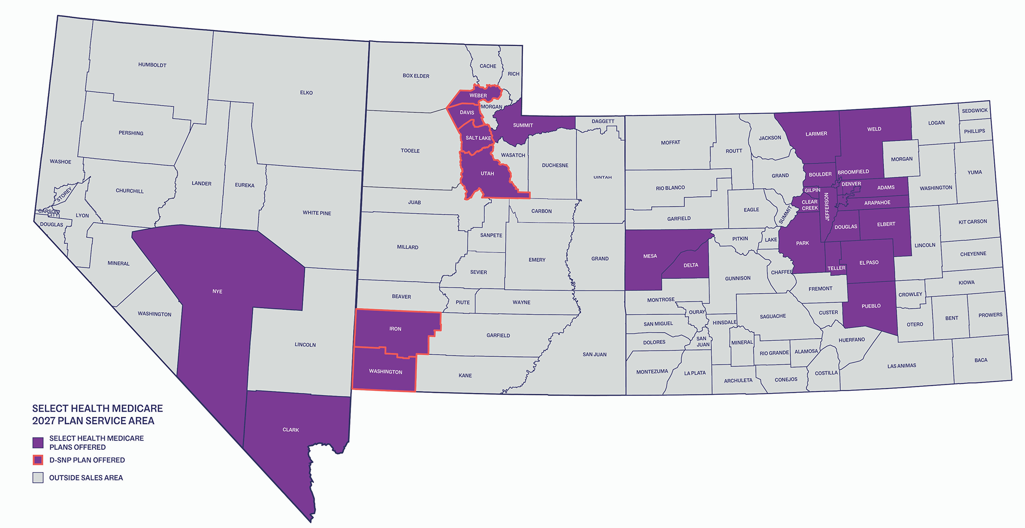 A regional map illustrates the Select Health Medicare 2017 plan service area across multiple counties. Counties are shaded in purple and red to distinguish different plan offerings, while non-covered areas remain light gray. A legend in the lower left explains the color coding for Select Health Medicare plans and out-of-area regions. The map focuses on county-level boundaries and coverage distinctions rather than geographic terrain.