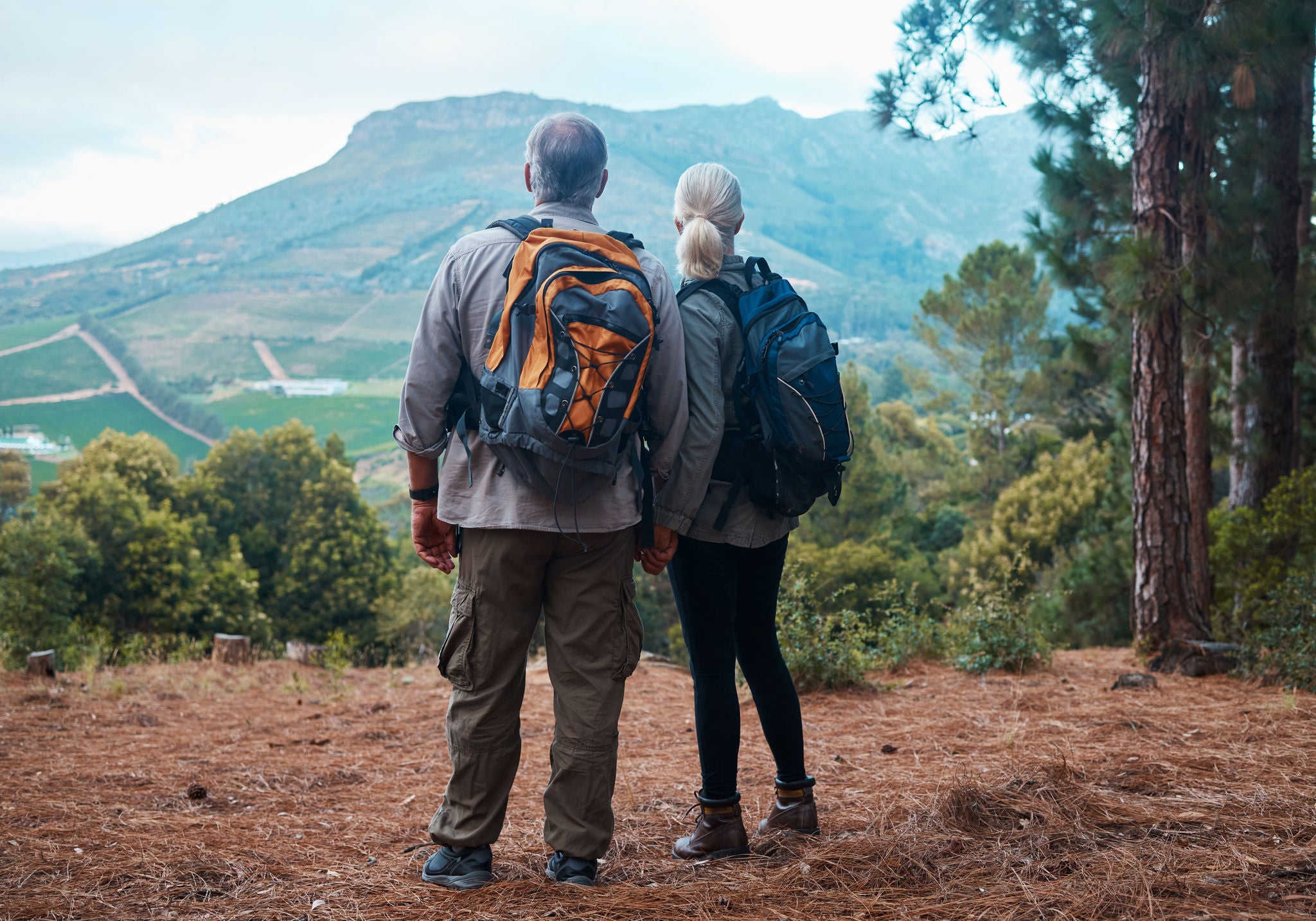 Mountains, retirement and hiking, old couple holding hands from back on nature walk and mountain in view in Peru. Travel, senior man and woman on cliff, hike with love and health on holiday adventure.