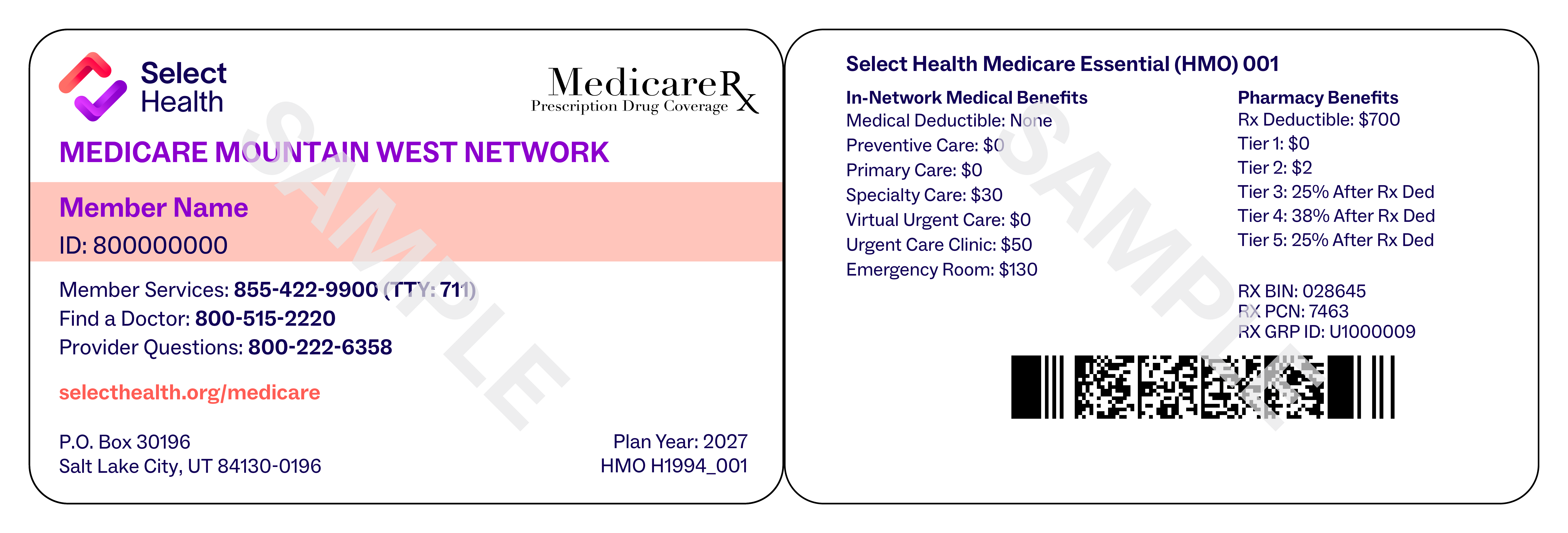 Image of a Select Health Medicare Mountain West Network member identification card shown front and back. The front side displays member name, ID number, contact phone numbers, website, mailing address, and plan year 2027 details. The back side lists Select Health Medicare Essential (HMO) 001 in-network medical benefits, pharmacy benefits, copay amounts, and tier information. A QR code and barcodes appear alongside Rx BIN 016484, Rx PCN 7463, and GRP SHP 000. The word SAMPLE is diagonally overlaid across both sides of the card.