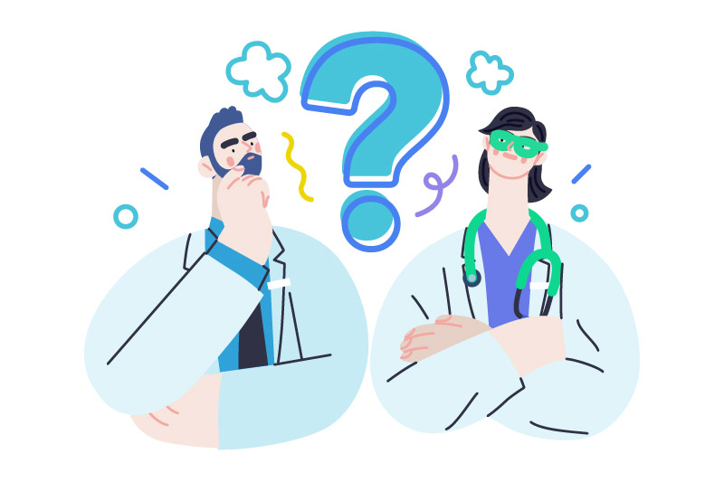 Healthcare professionals asking questions to find health insurance illustration.