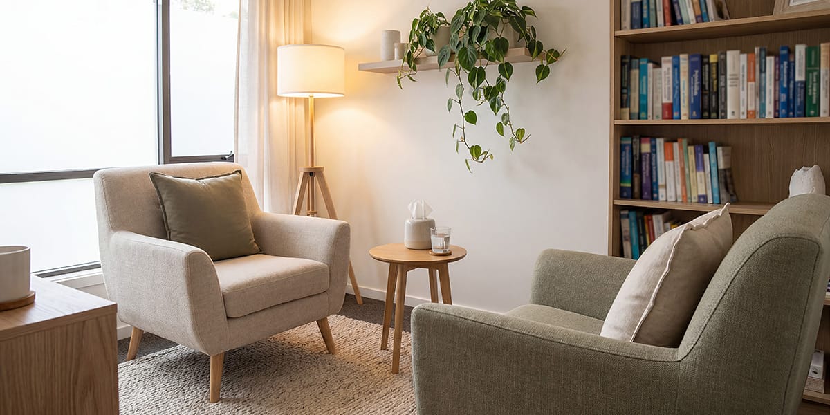 a warm room setting with two chairs a small table and lamp