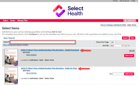 Online catalog item selection page