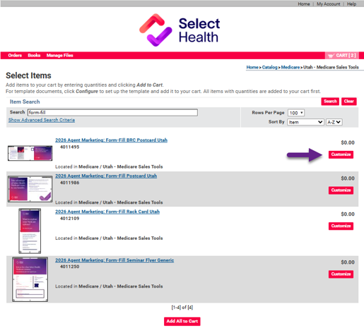 Online catalog item selection order page