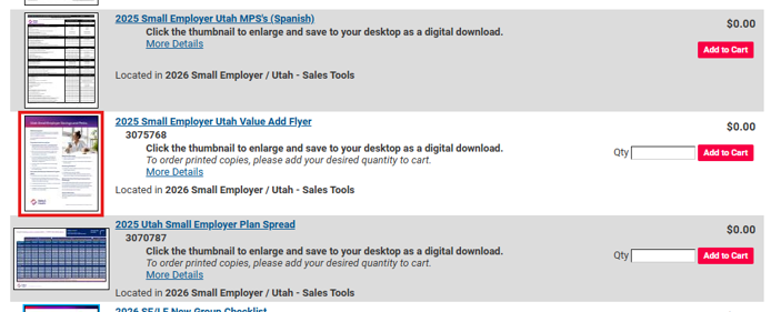 Screenshot of an online catalog page displaying several small employer Utah documents. Each item shows a thumbnail preview, title, item number, price of $0.00, and an Add to Cart button with a quantity field. The visible titles include 2025 Small Employer Utah MEPS (Spanish), 2025 Small Employer Utah Value Add Flyer, and 2025 Utah Small Employer Plan Spread. Text links such as More Details and location information for sales tools appear beneath each listing.