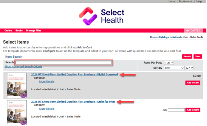 Screenshot of the Select Health online catalog page showing options to add items to a cart. The interface includes a search bar, item list, and buttons such as Add to Cart and Show Advanced Search. Two brochure items are visible: a 2024 UT Short-Term Limited Duration Plan Brochure for digital download and an order for print, each with item number 4091002. The layout features a white background with pink navigation accents and a multicolor Select Health mark at the top.