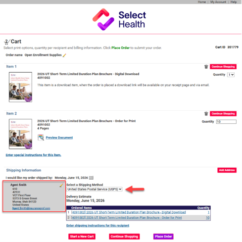 Screenshot of a Select Health online shopping cart page displaying items and shipping information. The cart includes two 2026 UT Short-Term Limited Duration Plan brochures, one digital download and one order for print with 4 pages. The interface shows quantity fields, delivery estimate of Monday, June 15, 2026, and a shipping method dropdown for United States Postal Service (USPS). Additional links such as 'Continue Shopping', 'Start a New Cart', and 'Place Order' are visible along with an agent assist section.