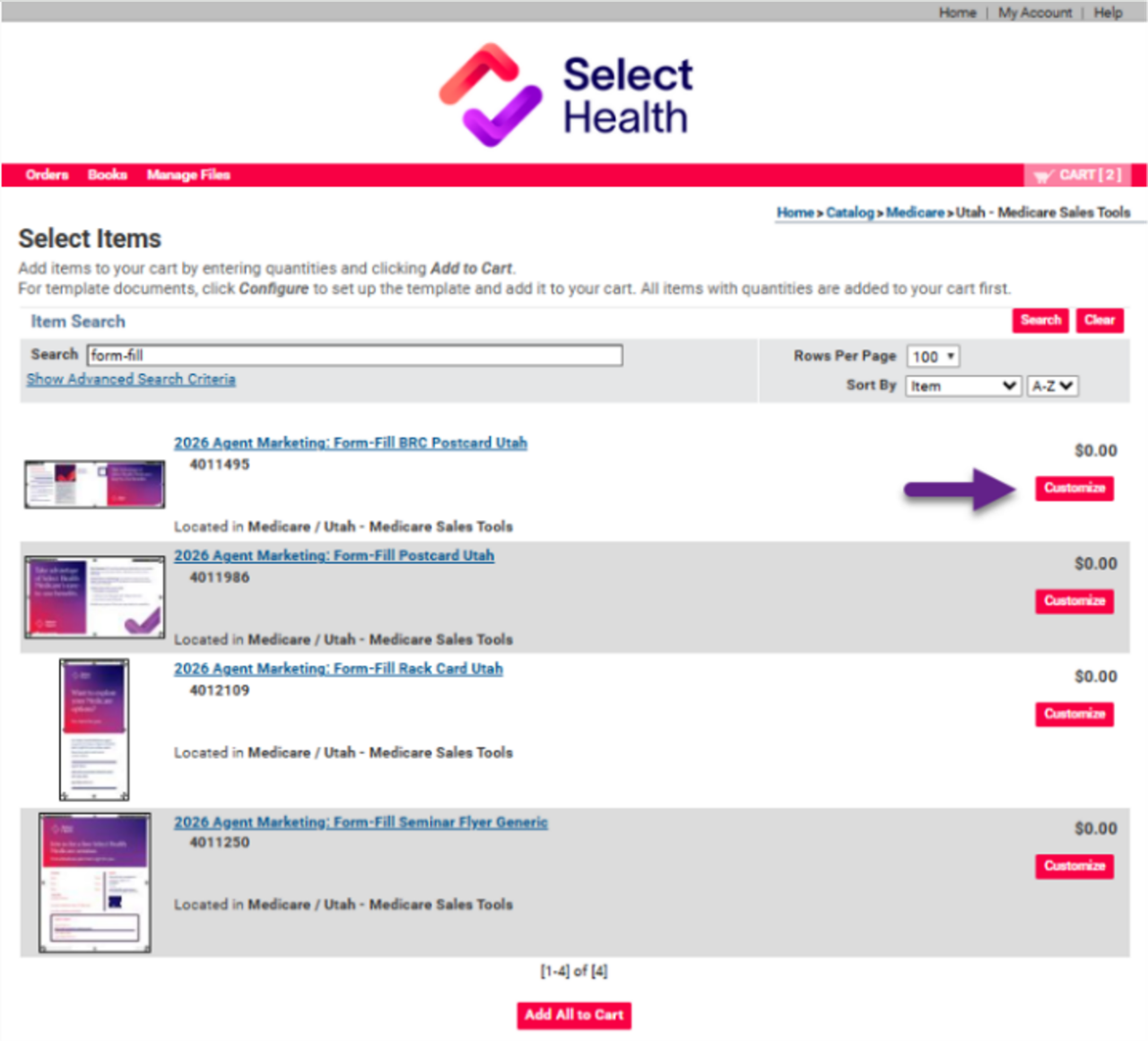 Screenshot of the Select Health online catalog interface displaying Medicare sales tools. The page shows a list of 2020 agent marketing forms for Utah with options to customize each item. A purple arrow points to the price column showing $0.00 for the selected item. The layout includes navigation tabs, search filters, and an Add All to Cart button at the bottom.