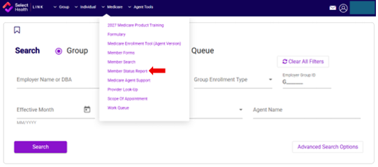 Screenshot of a Select Health web portal displaying Medicare agent tools. A dropdown menu is open, highlighting the Member Status Report option with a red arrow. The interface shows search fields for employer name or DBA, effective month in MM/YYYY format, group enrollment type, and agent name, along with queue filters and an Advanced Search Options button. The layout uses a white background with purple navigation elements and buttons.